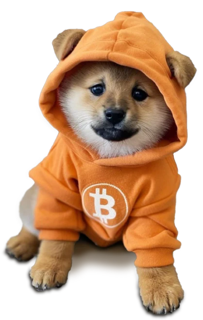 DOG GO TO THE MOON dog mascot in an orange Bitcoin hoodie